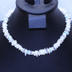 Puka Shell Chip Necklace Vintage Blue Gray White Boho Beach Hawaiian 16"
